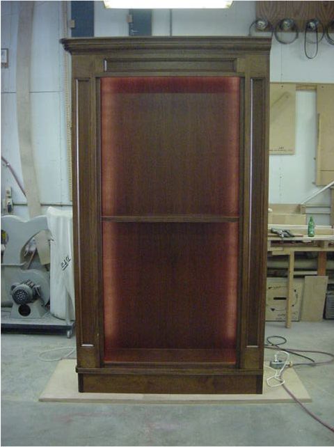 Bookcase finished with lights on.