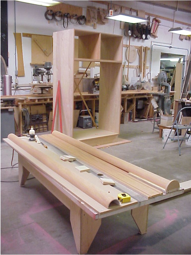Cabinet and columns in shop during fabrication.