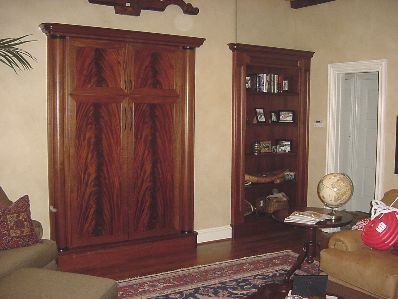 Mahogany cabinet closed and bookcase
